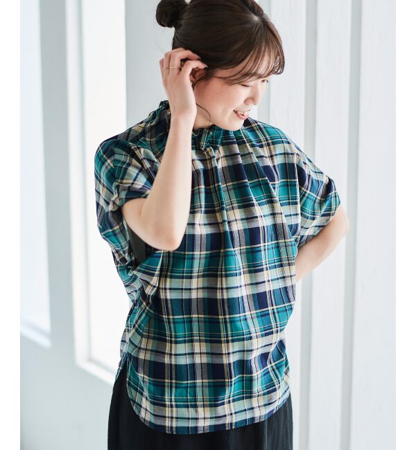 le.coeur blanc「《手洗い可能》チェックハイネックギャザードルマンフレンチブラウス」|シャツ・ブラウス|