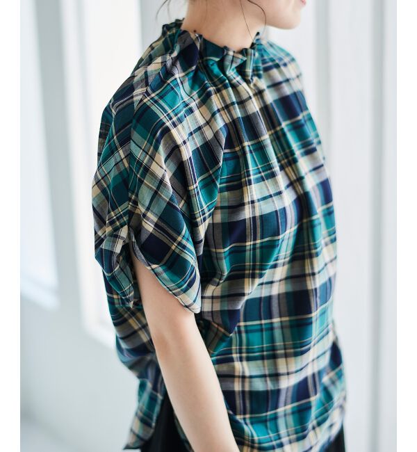 le.coeur blanc「《手洗い可能》チェックハイネックギャザードルマンフレンチブラウス」|シャツ・ブラウス|