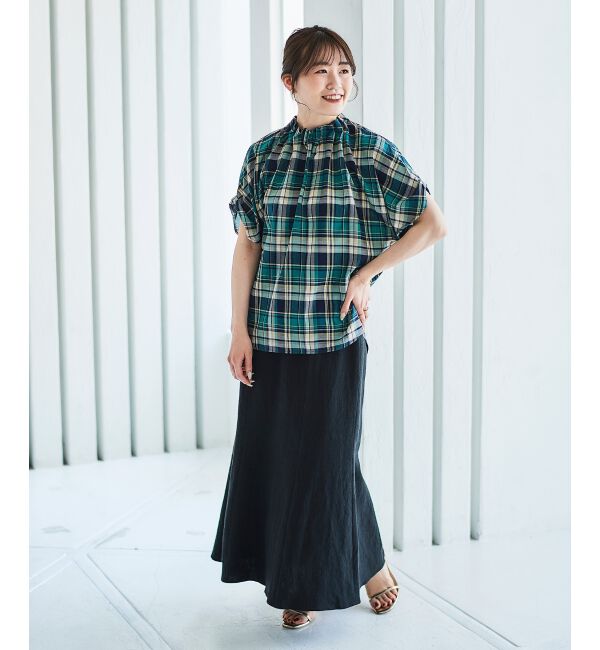 le.coeur blanc「《手洗い可能》チェックハイネックギャザードルマンフレンチブラウス」|シャツ・ブラウス|