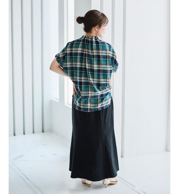 le.coeur blanc「《手洗い可能》チェックハイネックギャザードルマンフレンチブラウス」|シャツ・ブラウス|