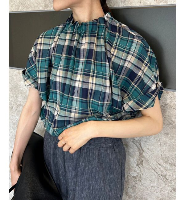 le.coeur blanc「《手洗い可能》チェックハイネックギャザードルマンフレンチブラウス」|シャツ・ブラウス|