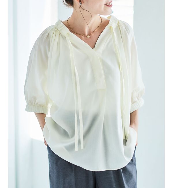 le.coeur blanc「シアーVネックギャザーブラウス」|シャツ・ブラウス|