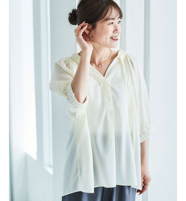 le.coeur blanc「シアーVネックギャザーブラウス」|シャツ・ブラウス|