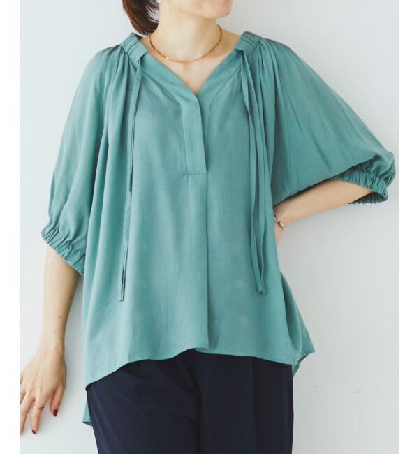 le.coeur blanc「シアーVネックギャザーブラウス」|シャツ・ブラウス|グリーン