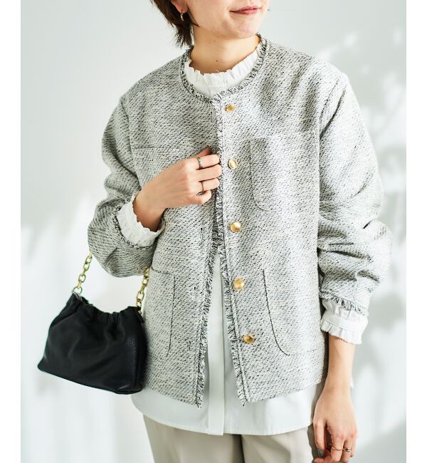  「《通勤着やセレモニーシーンにも》メランジツイードノーカラージャケット」|その他|オフ／柄