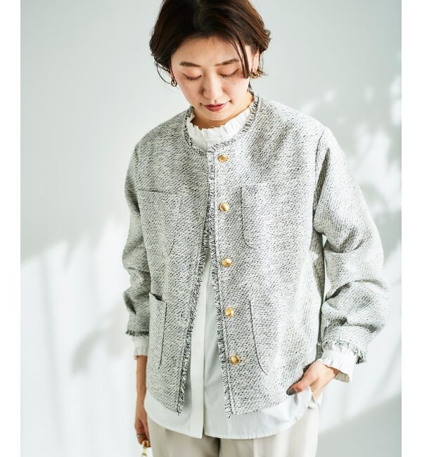  「《通勤着やセレモニーシーンにも》メランジツイードノーカラージャケット」|その他|