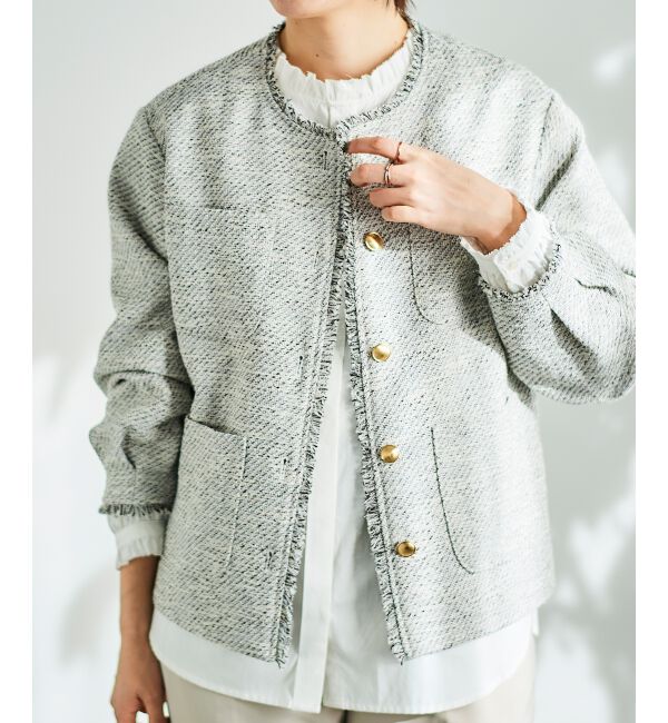  「《通勤着やセレモニーシーンにも》メランジツイードノーカラージャケット」|その他|