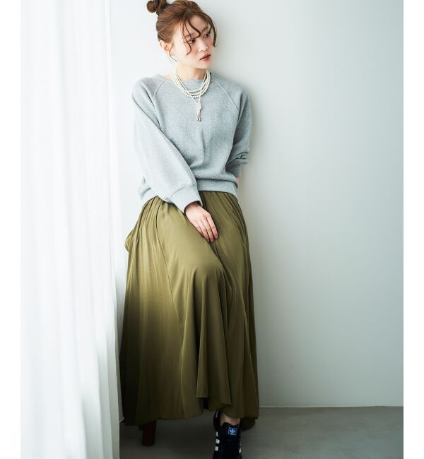  「ウエストリブギャザーフレアスカート」|フレア|カーキグリーン