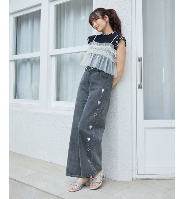  「リボンビジューデニムパンツ」|デニム|