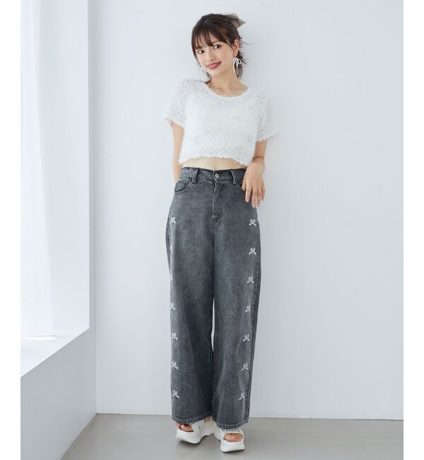  「リボンビジューデニムパンツ」|デニム|