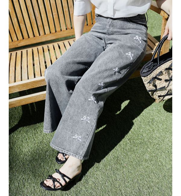  「リボンビジューデニムパンツ」|デニム|