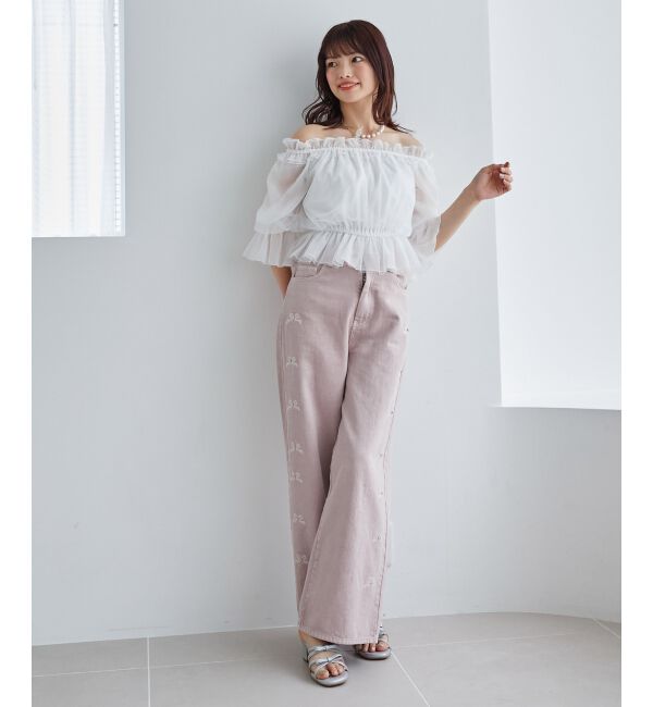  「リボンビジューデニムパンツ」|デニム|