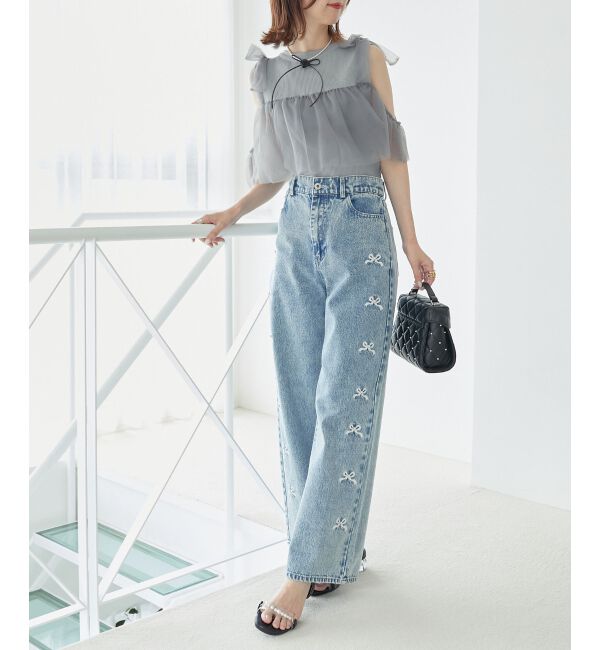  「リボンビジューデニムパンツ」|デニム|