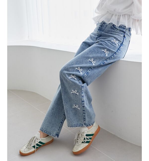  「リボンビジューデニムパンツ」|デニム|