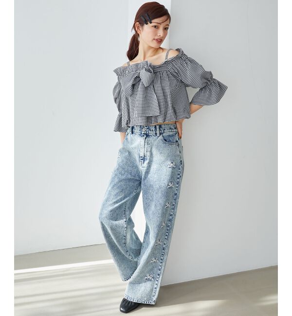  「リボンビジューデニムパンツ」|デニム|