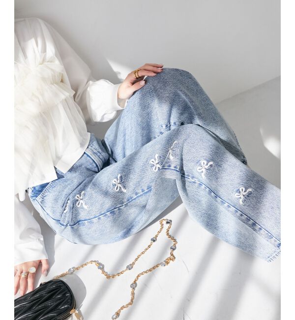  「リボンビジューデニムパンツ」|デニム|