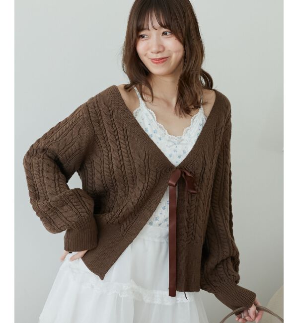  「リボンケーブルニットカーディガン」|カーディガン|ブラウン