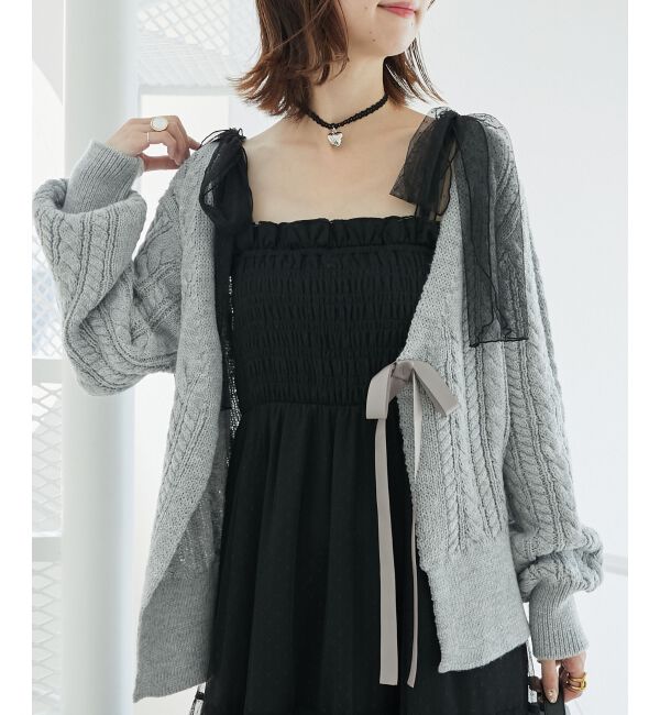  「リボンケーブルニットカーディガン」|カーディガン|グレー