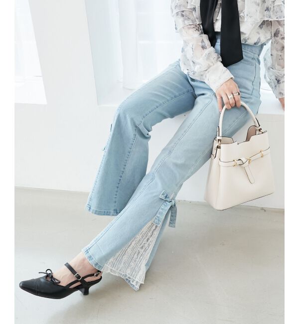  「◎レースベルトセット裾リボンデニム」|デニム|サックス