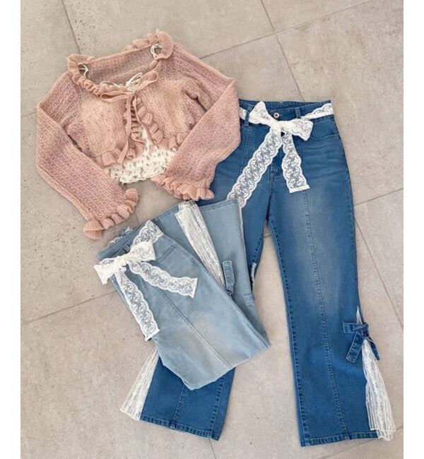  「◎レースベルトセット裾リボンデニム」|デニム|