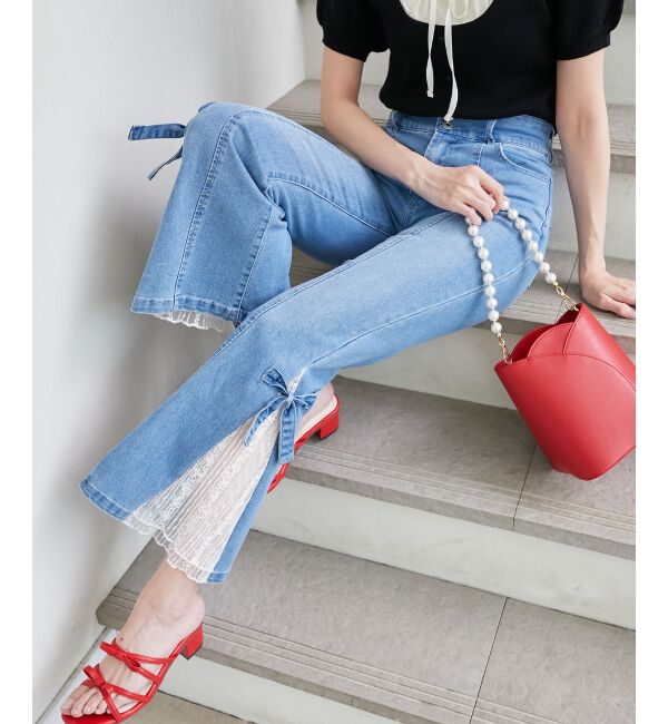  「◎レースベルトセット裾リボンデニム」|デニム|