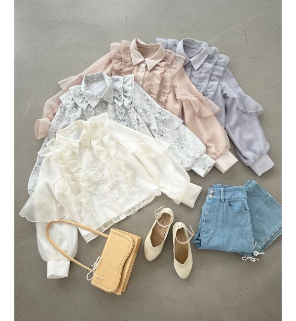 MAJESTICLEGON「襟付きシアーフリルブラウス」|シャツ・ブラウス|アイボリー