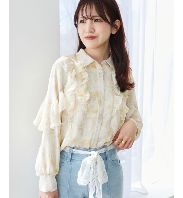 MAJESTICLEGON「襟付きシアーフリルブラウス」|シャツ・ブラウス|イエロー柄