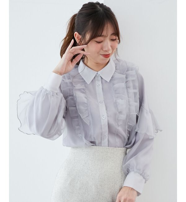 MAJESTICLEGON「襟付きシアーフリルブラウス」|シャツ・ブラウス|グレー
