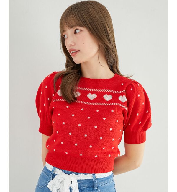  「ハートジャカードパフスリーブニット」|ニット・セーター|