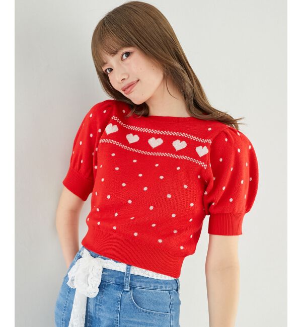  「ハートジャカードパフスリーブニット」|ニット・セーター|