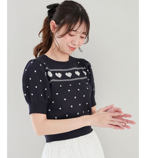  「ハートジャカードパフスリーブニット」|ニット・セーター|