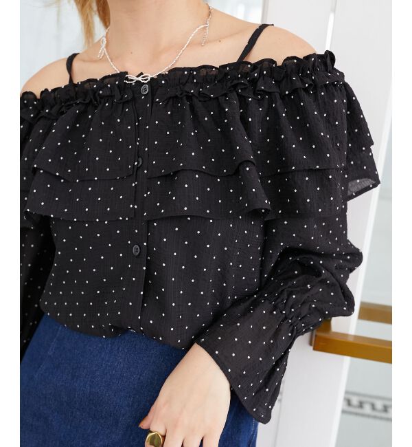  「ティアードフリルオフショルブラウス」|シャツ・ブラウス|ブラック柄
