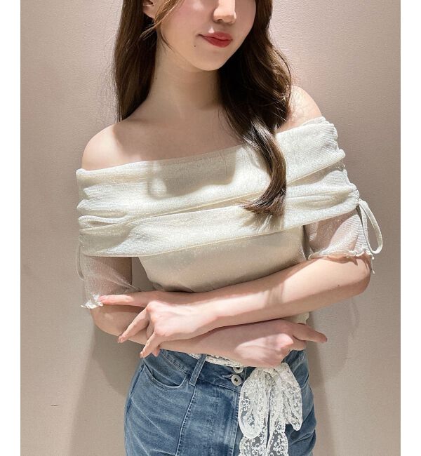  「&infin;ラメチュールオフショル半袖トップス」|Tシャツ・カットソー|アイボリー
