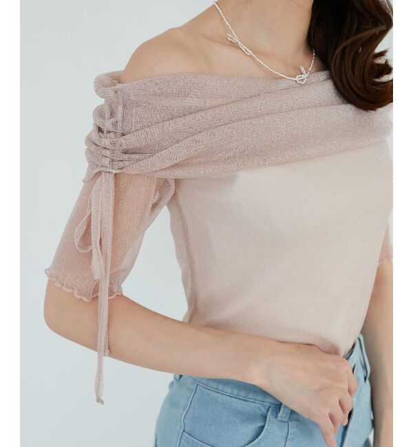  「&infin;ラメチュールオフショル半袖トップス」|Tシャツ・カットソー|