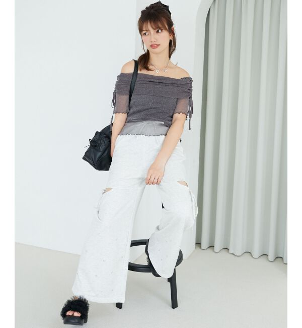  「&infin;ラメチュールオフショル半袖トップス」|Tシャツ・カットソー|