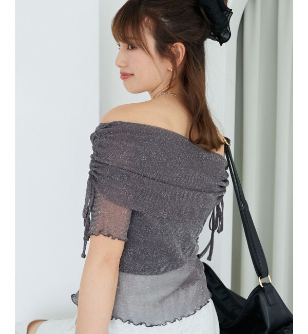  「&infin;ラメチュールオフショル半袖トップス」|Tシャツ・カットソー|