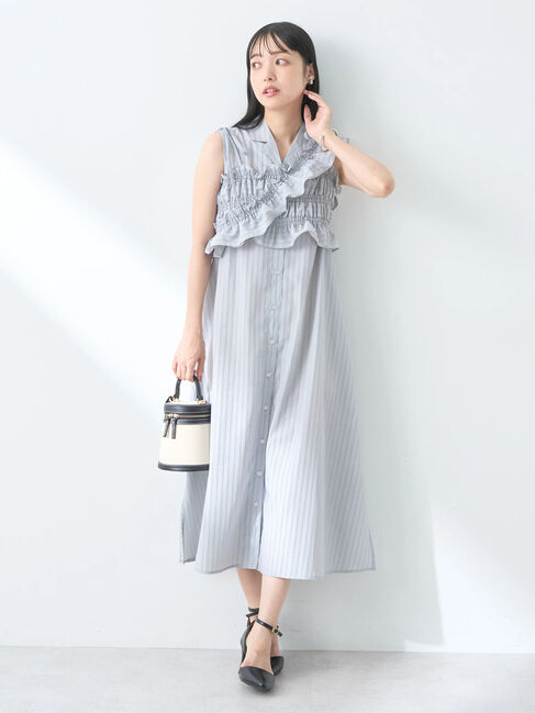 earth music&ecology「SET2点シャーリングビスチェ&times;シャツワンピース」|ワンピース|Stripe Light Gray