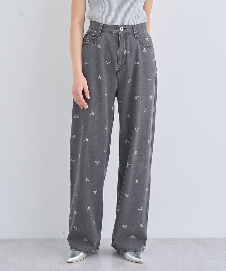 earth music&ecology「リボンプリントデニムパンツ」|デニム|Light Gray