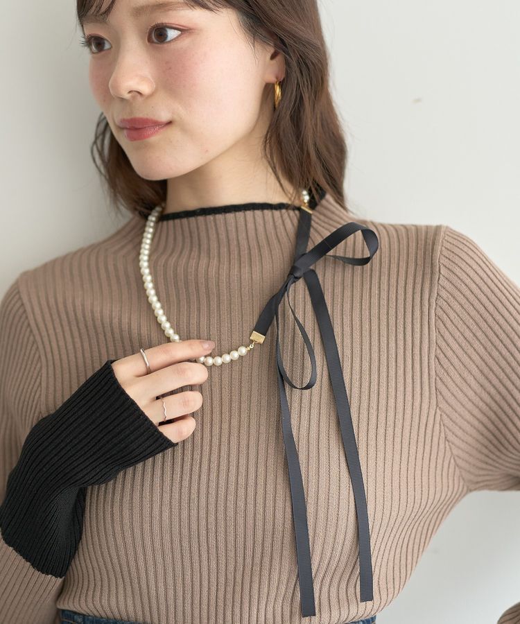earth music&ecology「2WAYパール&times;リボンネックレス」|ネックレス|Black