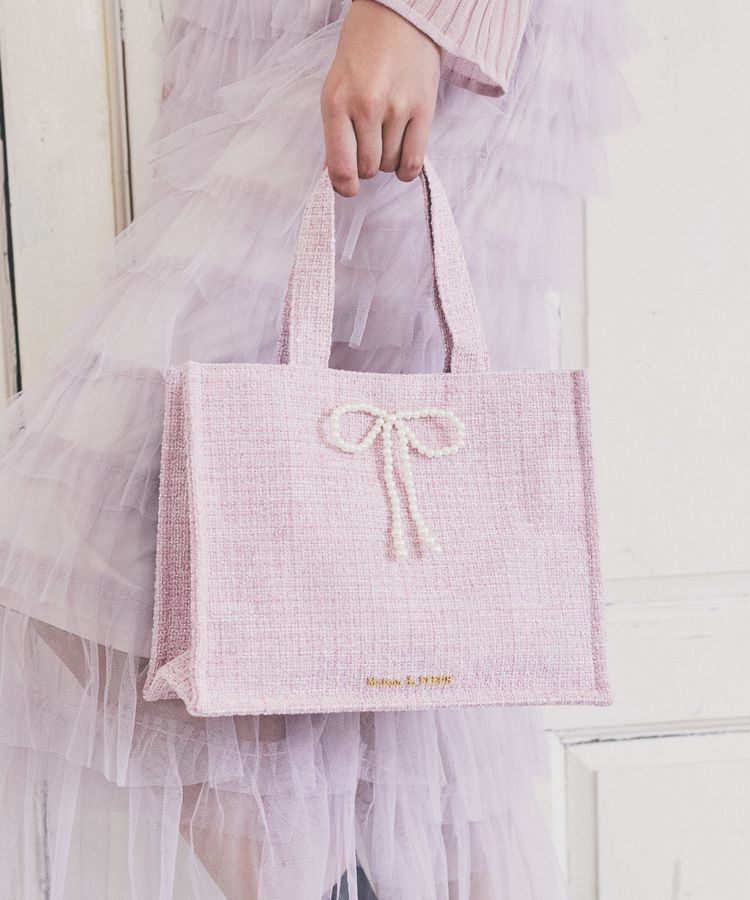 Maison de FLEUR「ピンクツイードパールリボンスクエアトートバッグ」|トートバッグ|ピンク
