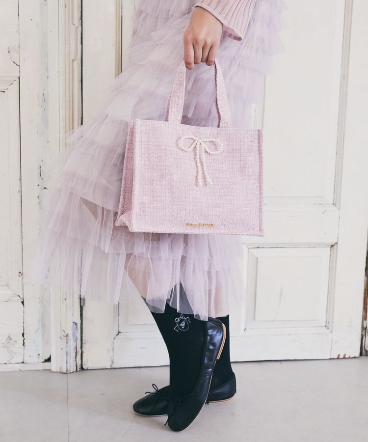 Maison de FLEUR「ピンクツイードパールリボンスクエアトートバッグ」|トートバッグ|