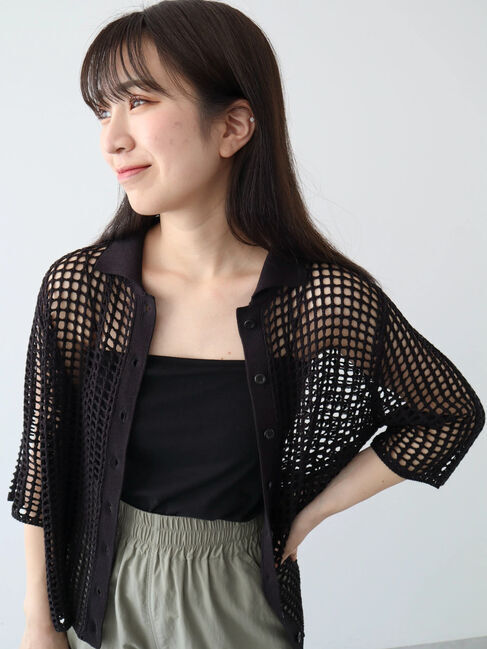 Green Parks「メッシュ編み襟付きカーディガン」|カーディガン|Black