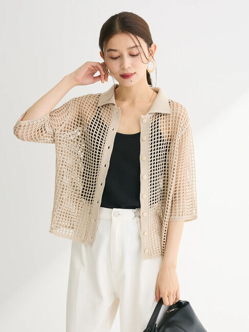 Green Parks「メッシュ編み襟付きカーディガン」|カーディガン|