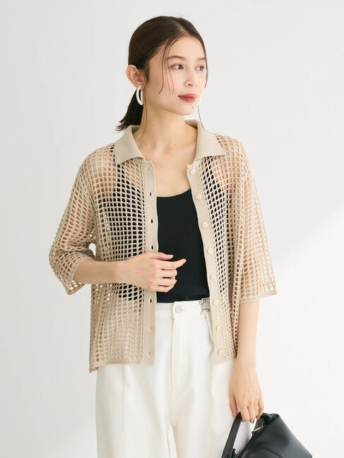 Green Parks「メッシュ編み襟付きカーディガン」|カーディガン|Ecru