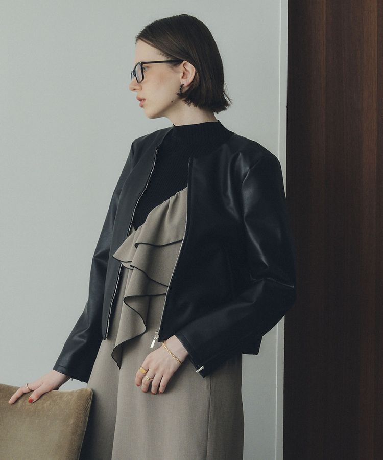 YECCA VECCA「ノーカラーライダースジャケット」|テーラードジャケット|Black