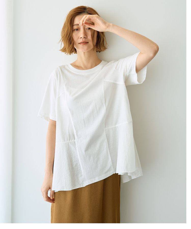 YECCA VECCA「【DOLL UP OOPS】異素材切替フレアートップス」|Tシャツ・カットソー|