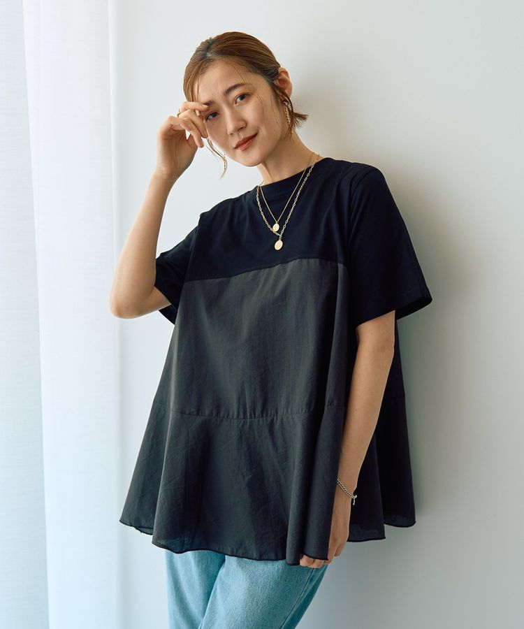 YECCA VECCA「【DOLL UP OOPS】異素材切替フレアートップス」|Tシャツ・カットソー|Black
