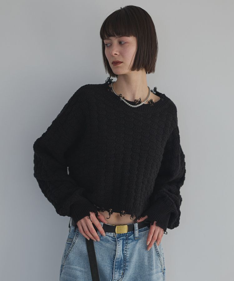 GARAGE OF GOOD CLOTHING「ショート丈ダメージニットプルオーバー」|ニット・セーター|Black