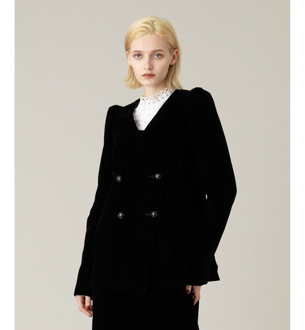 LOULOU WILLOUGHBY「【LOULOU WILLOUGHBY】ベルベットパフジャケット」|ノーカラージャケット|ブラック