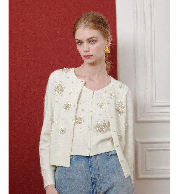 LOULOU WILLOUGHBY「【LOULOU WILLOUGHBY】ビーズフラワーカーディガン」|カーディガン|オフホワイト